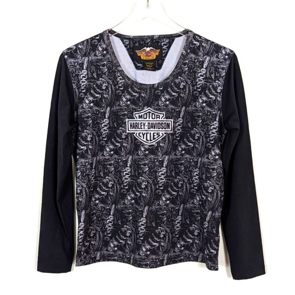Harley Davidson Engine Print Long Sleeve Shirt Large Black and White